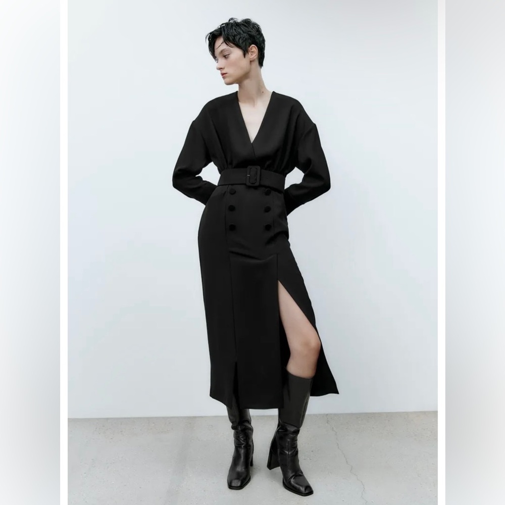 Zara Dresses Zara Wrap V-Neck Long Sleeve Belted Mid